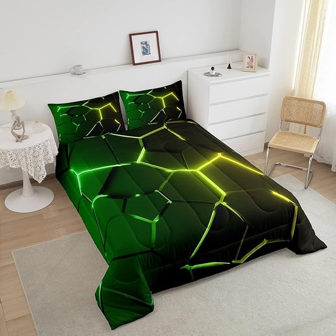 Honeycomb Comforter Green Yellow Hexagonal Print Bedding Set for Kids Boys Girls Children Beehive Geometrical Comforter Set Ultra Soft Decor Reticulated Duvet Set Toddler Size