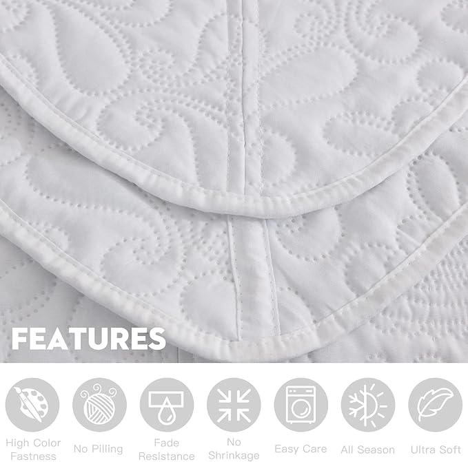Oversized King Bedspread, Ultrasonic Lightweight Bedding Cover, Paisley Pattern, Reversible, 5 Piece, 100% Microfiber, Pure White