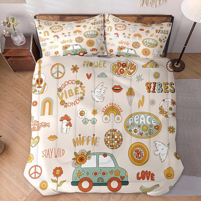 Twin Size Comforter Set with Pillowcase, Retro 70S Funny Hippie Psychedelic Soft 2 Pcs Bedding for Kids and Adults Bedroom Bed Decor