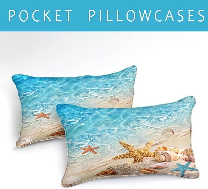 Bedbay Beach Theme Comforter Set Queen Size Coastal Bedding Comforter Set Marine Life Turquoise Ocean Starfish Comforter Queen Bedding Quilt Set Soft Microfiber 3 Pcs(Aqua,Queen)