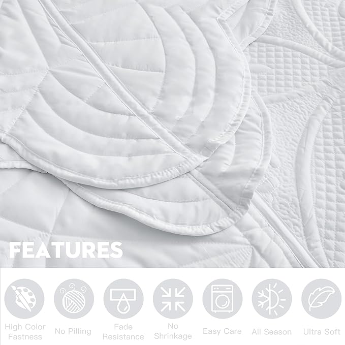 Oversized Bedspread - Queen Size Bedding Cover - Modern & Contemporary Coverlet Set, Real Stitching, Reversible, Lightweight, 5 Piece, White