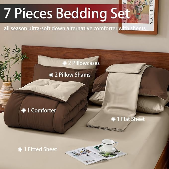 FUANNA Full Size Comforter Sets 7 Pieces, Reversible Bed in a Bag with All Season Comforter, Bedding Sets Includes Comforter, Flat Sheet, Fitted Sheet, Pillowcases & Shams, Dark Brown & Oatmeal