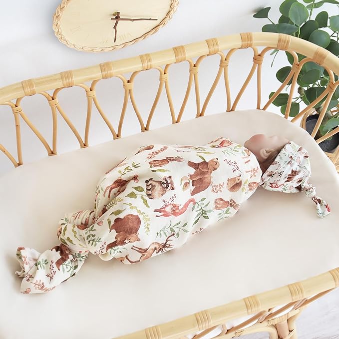 LifeTree Muslin Swaddle Blankets, Muslin Baby Boy Swaddle Blanket and Hat Set with Birth Announcement Card, Newborn Unisex Receiving Blankets Woodland Forest Animals