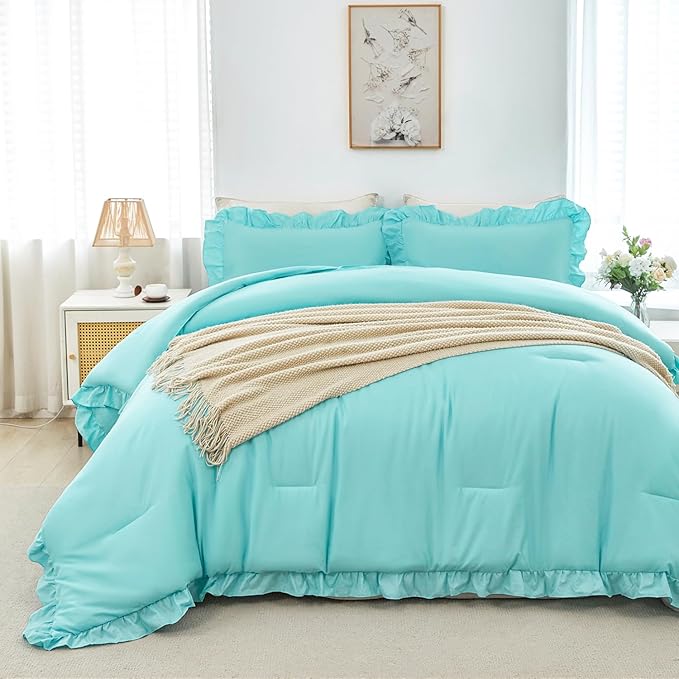 ANGIYUIN Aqua Blue Twin Size Comforter Sets for Teens Girls 5 Pieces Ruffle Bed in A Bag with Sheets Solid Elegance Bedding Comforter Sets for All Season(Aqua Blue Twin)
