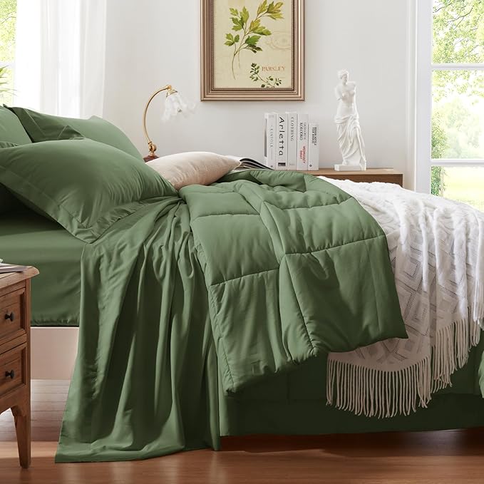 Anluoer Queen Comforter Set 7 Piece, Olive Green Bed in a Bag with All Season Bedding Comforter Sets, 1 Comforter, 2 Pillow Shams, 2 Pillowcases, 1 Flat Sheet, 1 Fitted Sheet