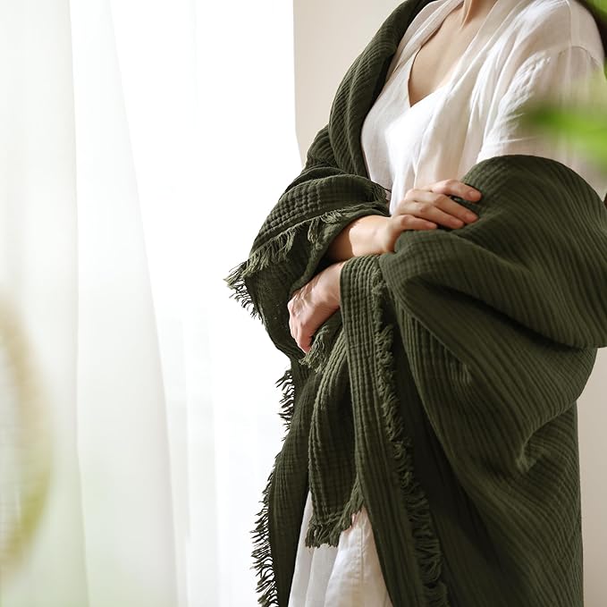 MooMee Muslin Blanket - 100% Cotton 4-Layer Gauze Throw Blanket with Tassels Ultra-Soft Breathable Lightweight Cooling for Bed Couch (Olive Green,Oversizedd Queen 98" x 98")