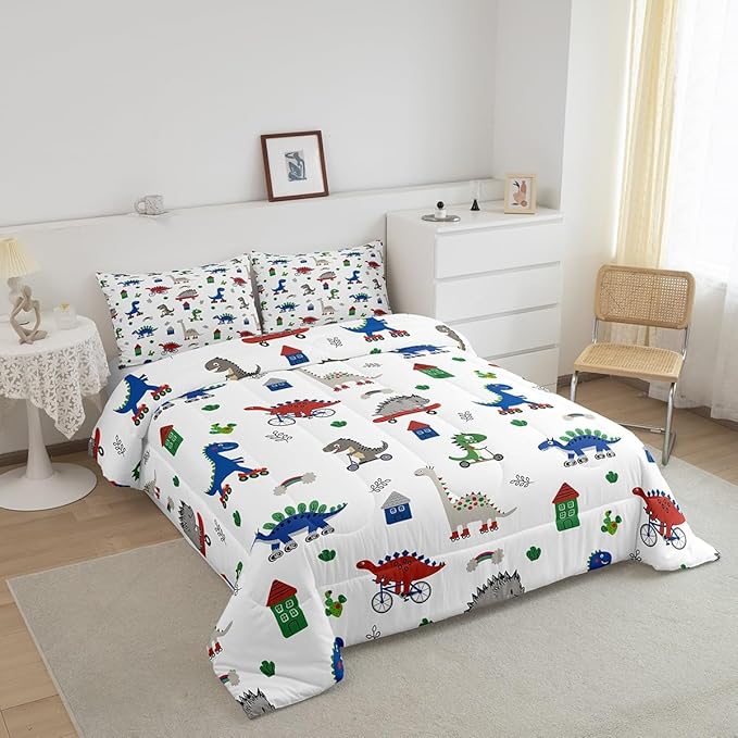 Feelyou Kids Cartoon Dino Comforter Set Twin Size, Blue Green Dinosaur Bedding Set Boys Girls Kawaii Comforter Jungle Dino Duvet Insert 2Pcs
