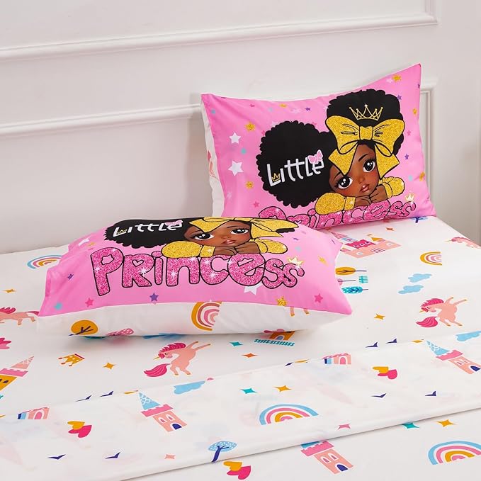 A Nice Night Black Girl Little Princess Comforter Set, Pink 6Pcs Bed in A Bag Queen Size Sparkling Stars Bedding Set,for Kids, Girls