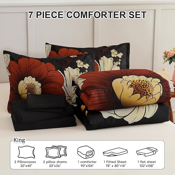 Xruibed Black Floral Comforter Set King Size 7 Pieces Bed in a Bag Flower Bedding Sets Lightweight Boho Bed Set with Sheet,Pillowcases&Shams for All Season