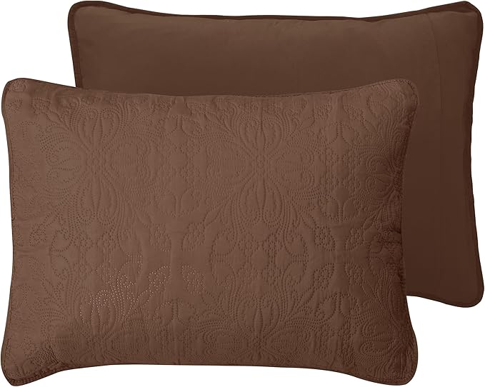 Easy-Going Full/Queen Size Reversible Quilt Set with 1 Quilt and 2 Pillow Shams, Soft Bed Quilt Cover, Water Resistant Lightweight Microfiber Bedspread, Stain Resistant, Damask-Brown/Beige
