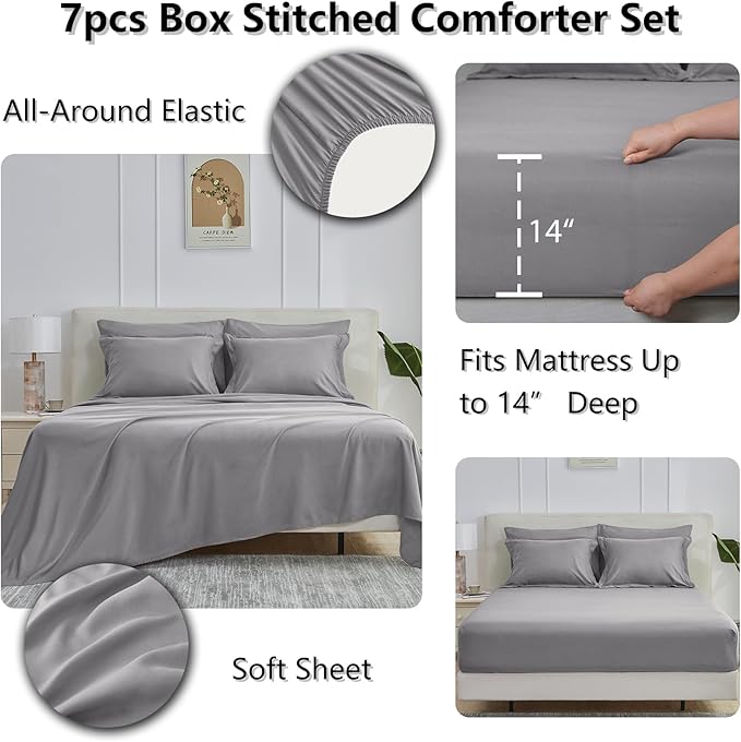 CozyLux Queen Comforter Set Grey - 7 Pieces Bed in a Bag Queen, All Season Breathable Bedding Sets, Oeko-Tex Certified Bed Set with Down Alternative Comforter, Sheets, Pillowcases & Pillow Shams