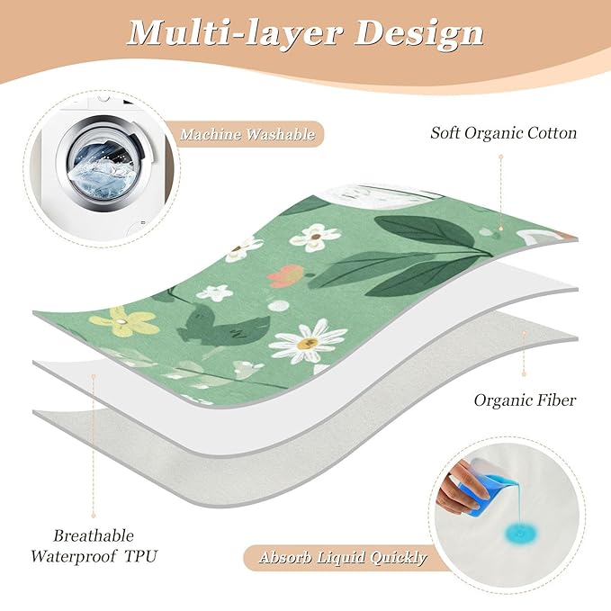 Waterproof Bed Pad Reusable Changing Pad Toddler Mattress Protector Large Pee Pad Baby Diaper Pad Soft Washable Liner Green Cute Cats and Flowers