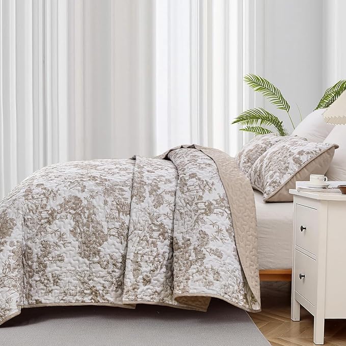 WONGS BEDDING Botanical Quilt Set King, Floral 3 Pieces Khaki Plants Printed Bedspread Bedding Set Brown Soft Lightweight Microfiber Coverlet Set for All Season (104"x90")