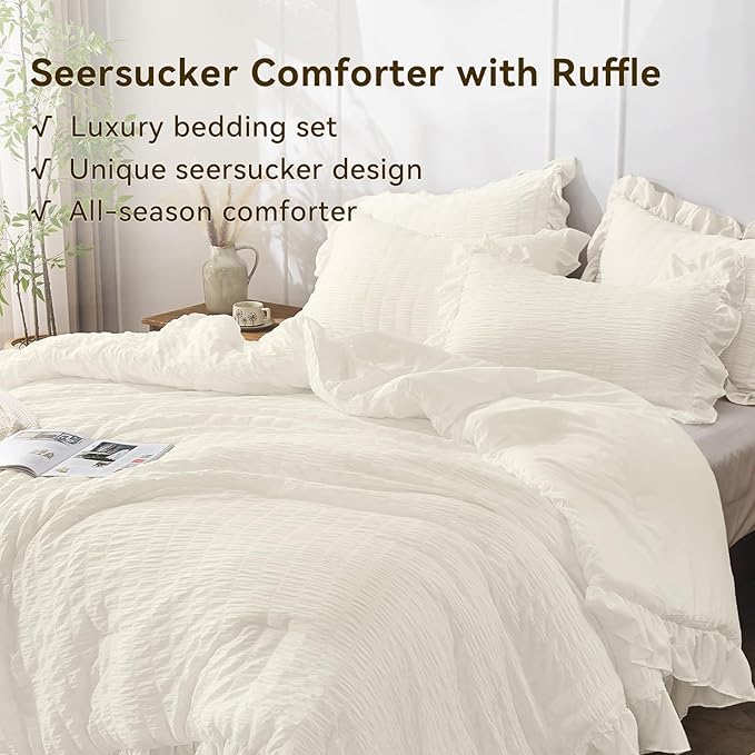 JOLLYVOGUE Ivory Queen Comforter Set, 3 Pieces Seersucker Comforters Queen Size, Lightweight & Fluffy Bedding Sets Queen for All Season with 1 Ruffle Comforter and 2 Ruffle Pillowshams