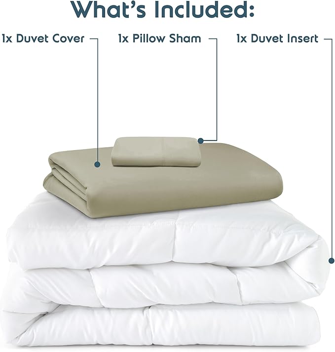 Nestl Twin Duvet Cover Set with Comforter Insert - Light Sage 3 Piece 68x90 Duvet Cover & 1 Pillow Sham with White Quilted Down Alternative Comforter, Ultra Soft, All Season