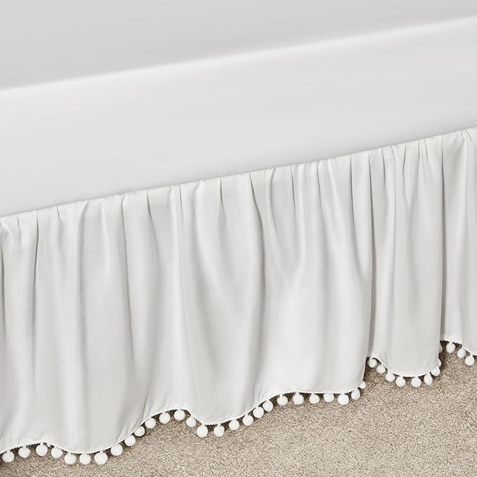TILLYOU Baby Crib Skirt Girls Boys, Ruffled Bed Skirt with Pompoms, 28”x 52”, 14'' Drop, White
