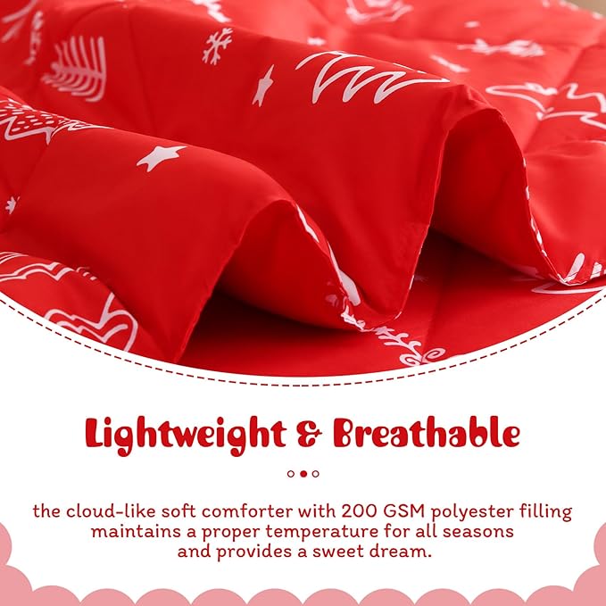 JSD Red Kids Christmas Comforter Set Twin Size, 2 Piece Xmas Tree Printed Microfiber Bedding Set, Machine Washable