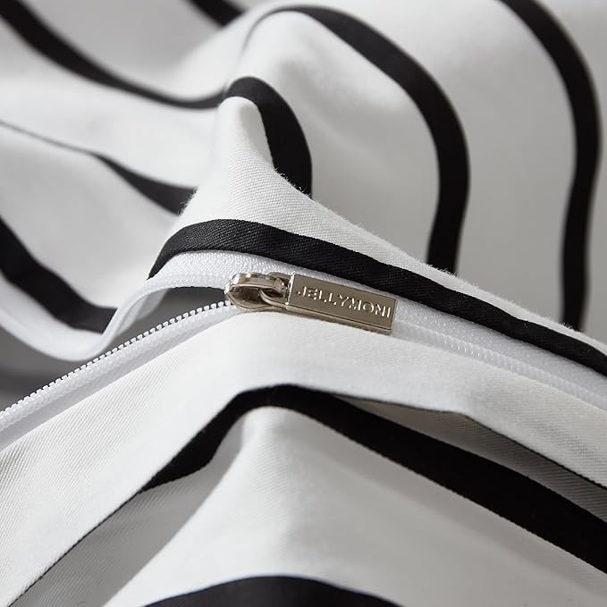 JELLYMONI 100% Natural Cotton 2pcs Striped Duvet Cover Sets, White Duvet Cover with Thick Black Stripes Pattern Printed Comforter Cover, with Zipper Closure & Corner Ties(Twin Size)