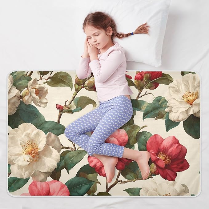 Waterproof Bed Pad Reusable Changing Pad Toddler Mattress Protector Large Pee Pad Baby Diaper Pad Soft Washable Liner Vintag Camellias Red