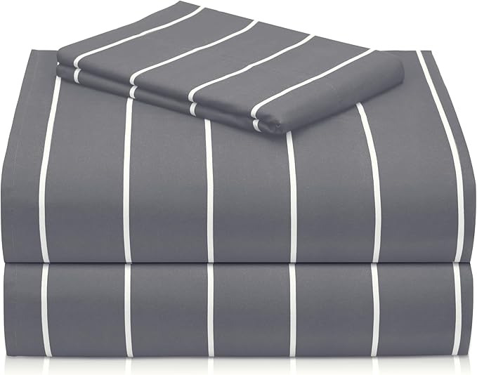 LuxClub Striped Sheets, 3 PC Striped Bed Sheets Twin Size for-Boys-and-Girls-Deep Pockets 18" Eco Friendly Wrinkle Free-Kids-Fitted Sheets Machine Washable Hotel Bedding (Twin, Light Grey)