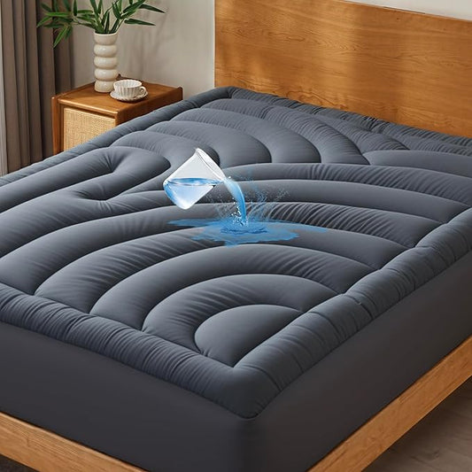 Waterproof Mattress Pad King, Quilted Fitted King Mattress Topper, Five-Layers Noiseless Mattress Protector Cover with 8"-21" Deep Pocket, Machine Washable, Grey, 78x80