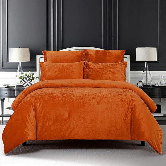 Sunshine Nicole Distressed Velvet Comforter Set, Distressed Velvet Face and Brushed Solid Microfiber Reverse, with Light Weight Soft Poly Fill, 5 Pieces Terracotta, Queen