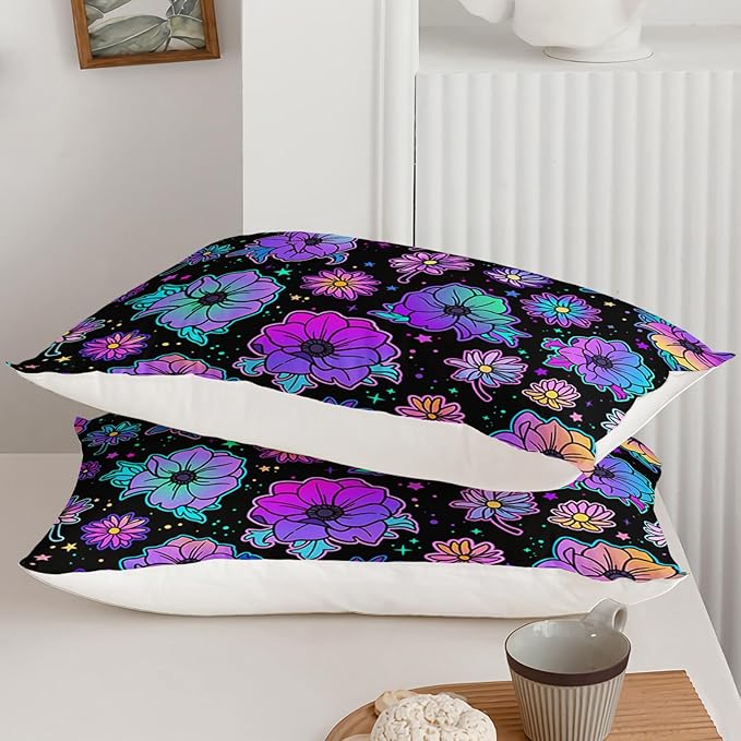 Axolotl Neon Floral Bedding Set Queen,Gradient Floral Comforter Set for Girls,Colorful Flower Bedding Set Stars,Galaxy Series Comforter for Kids Boys Girls Teens Adults,1 Quilt 2 Pillowcases,Black
