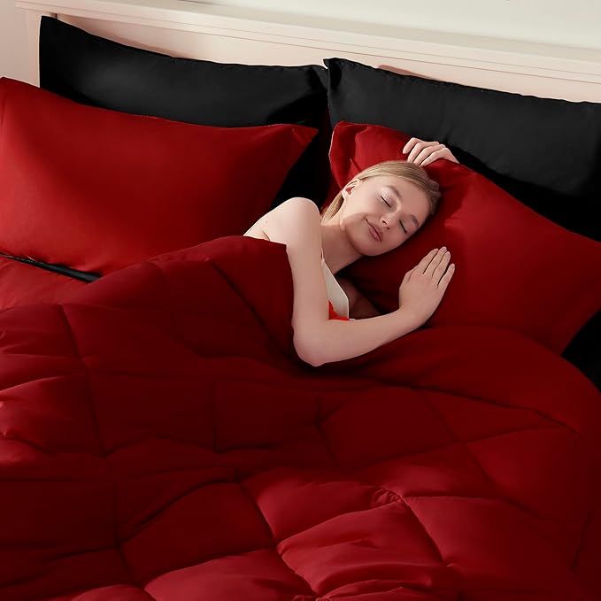 ELNIDO QUEEN® Full Size Bed in a Bag 7 Pieces - Red and Black Bed Comforter Set Full Size, All Season Bedding Sets with Reversible Comforter, Flat Sheet, Fitted Sheet, Pillowcases and Pillow Shams