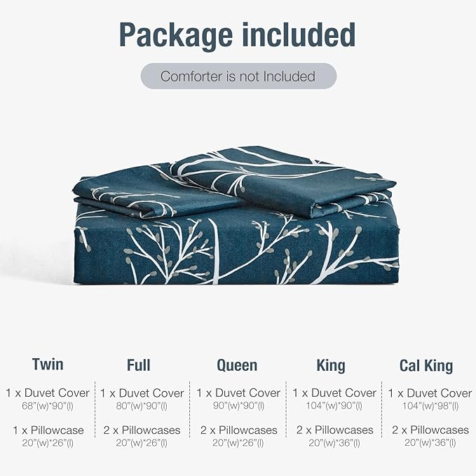 Lekesky Reversible Duvet Cover King Size, Dark Blue White Thin Branch Duvet Cover King 3pc Ultra Soft Microfiber Breathable Stylish Bedding Set with Zipper Ties