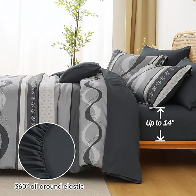Anibeddin Grey Comforter Set King Size,8 Pieces Boho Bed in a Bag Patchwork Striped Comforter Set, Soft Microfiber Bedding Set for All Season(104"×90")