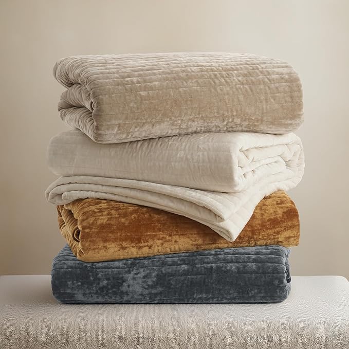 EVERGRACE Velvet Quilt Set Queen Size, Luxurious Soft Striped Channel Bedding Set, Lightweight Velvet Comforter for All Season, Oversized Bedspread Coverlet with 2 Matching Shams, Charcoal Gray