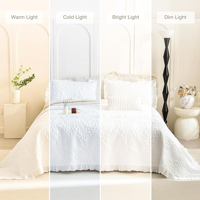 Masaca Oversized King Bedspread 120x120,White Ruffled Oversized King Quilt,3 Piece Lightweight Farmhouse Shabby Boho Chic Rustic Crinkled Stone-Washed California King Bedding Set for All Season