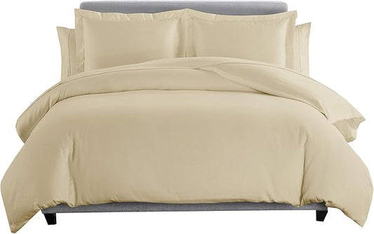 8 Pieces 100% Cotton Solid Beige Full Goose Down Bed in a Bag Set Including 600TC Sheet Set + 600TC Duvet Cover Set+ All Season Striped Goose Down Comforter 600 Fill Power