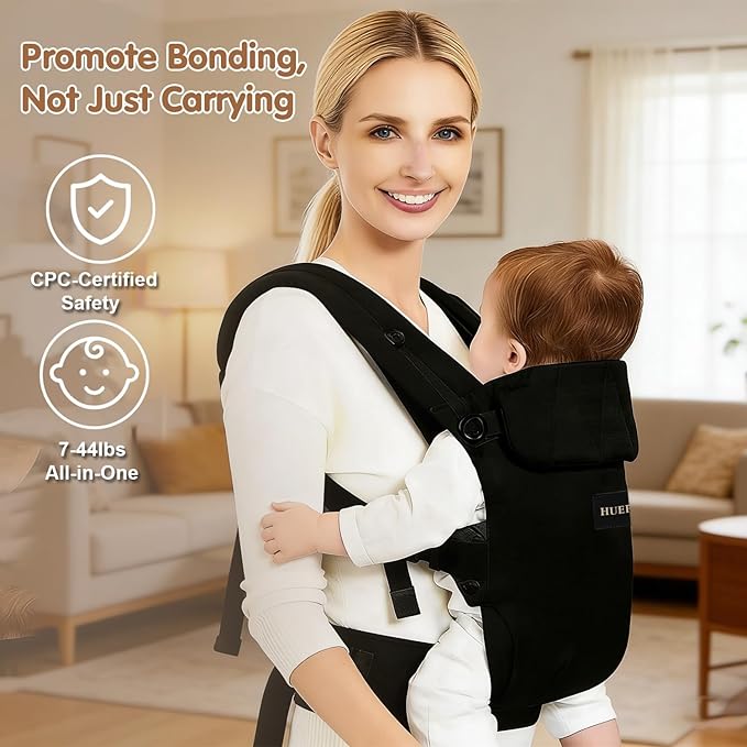 Baby Carrier (7–44 lbs), Soft Breathable Double-Shoulder Carrier with Adjustable Support, Ergonomic Design for Hip Positioning, Comfort Waist Support, Lightweight Hands-Free Baby Carrier (Black)