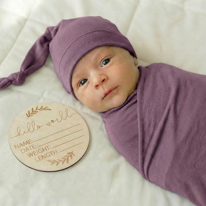 Large Jersey Knitted Swaddle Blanket for Baby, Soft Stretchy Receiving Blanket for Newborns with Hat, Baby Nursery Swaddle 47 x 47 inches(Mauve)