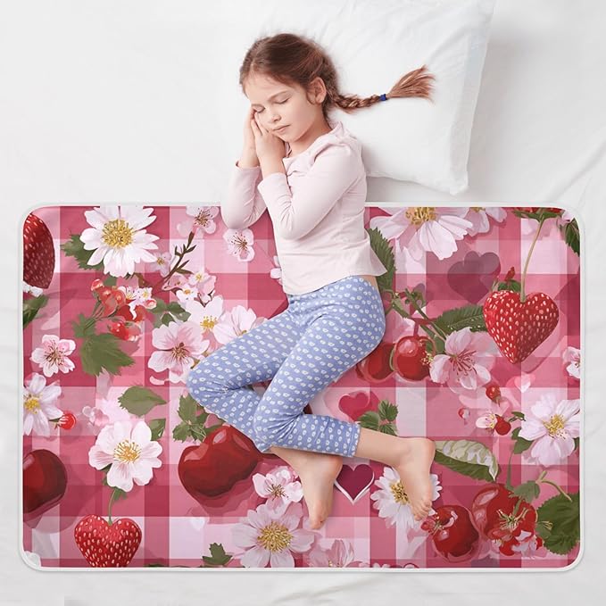 Waterproof Bed Pad Reusable Changing Pad Toddler Mattress Protector Large Pee Pad Baby Diaper Pad Soft Washable Liner Pink Red Checkered Floral Cherry Strawberry