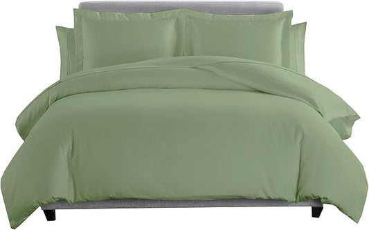 8 Pieces 100% Cotton Solid Sage Full Goose Down Bed in a Bag Set Including 600TC Sheet Set + 600TC Duvet Cover Set+ All Season Striped Goose Down Comforter 600 Fill Power