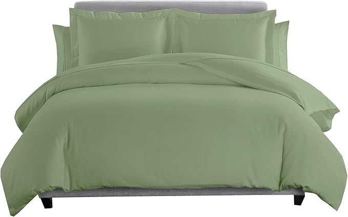 8 Pieces 100% Cotton Solid Sage California King Goose Down Bed in a Bag Set Including 600TC Sheet Set + 600TC Duvet Cover Set+ All Season Striped Goose Down Comforter 600 Fill Power