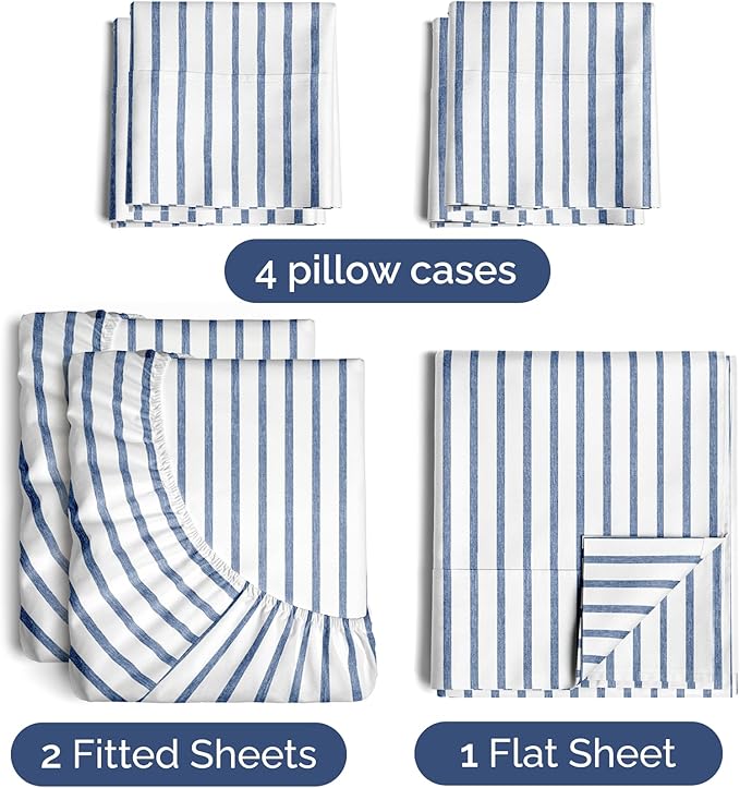 Split King 7 Piece Sheet Set - Comfy Breathable & Cooling - Soft Hotel Luxury Bedding Set w/ 8-16 Inch Deep Pockets - 1 Flat & 2 Fitted Sheet & 4 Pillowcases - Cozy and Wrinkle Free - Blue Stripes 2