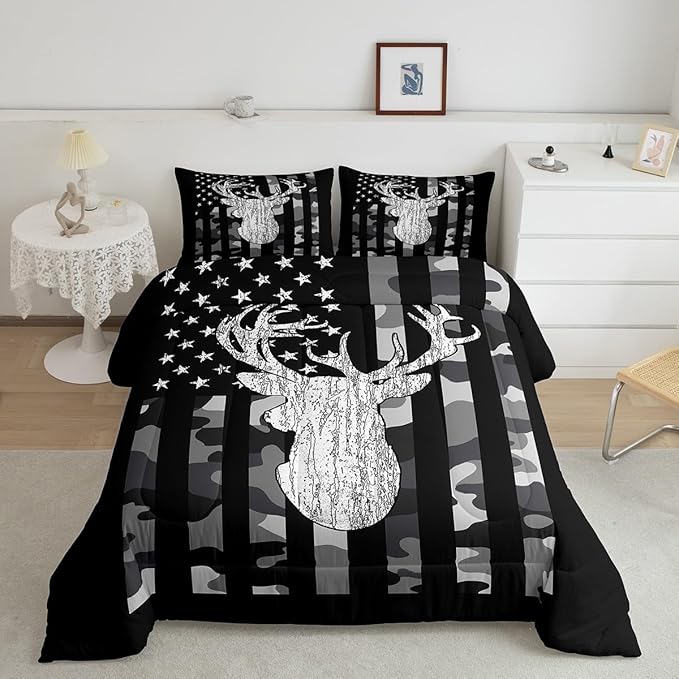 American Flag Bedding Set Deer Camo Comforter Set King for Kids Boys Teen Man,Western Rustic Black Grey Military Camouflage Bedding Comforters Hunting Deer Antlers Quilt Duvet for All Season 3 Pcs