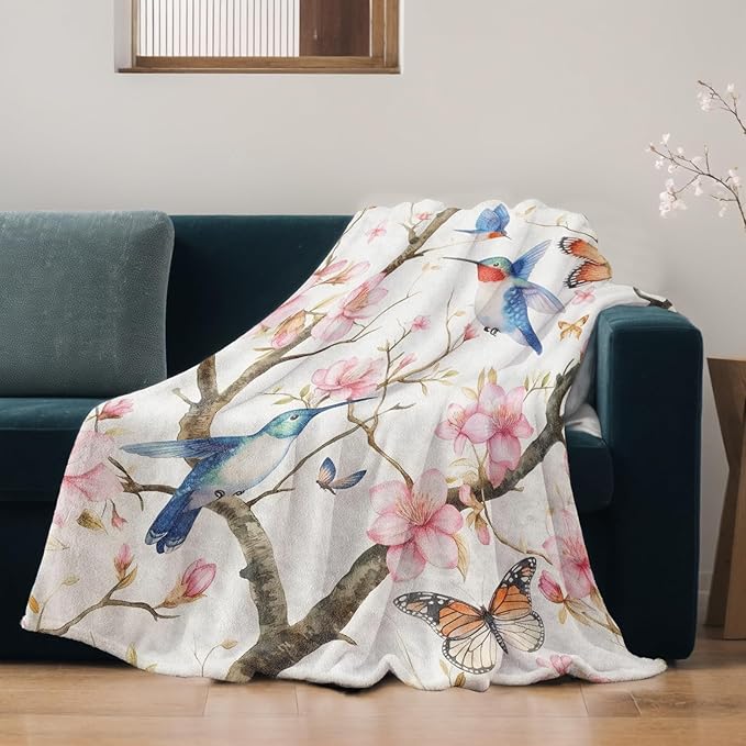 Watercolor Hummingbird Blanket Lightweight Blankets Gifts for Nature Lover Flannel Throw with Pink Cherry Blossom and Butterfly Printed for Sofa, Bed, Travel, Spring Decor Throws 50x40 Inch