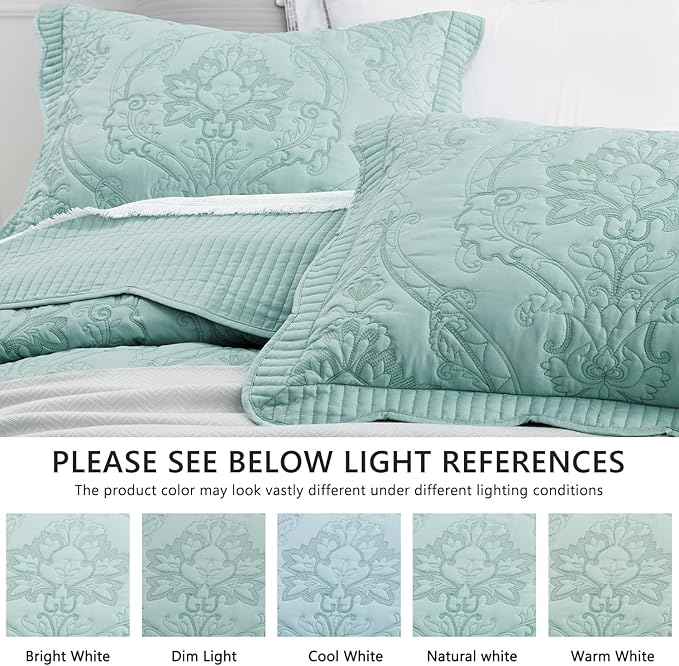 CHIXIN Bedspread Coverlet Quilt Set Full Size - Lightweight Bedding Cover - Beautiful Stitching - 5 Piece Reversible Bedspread - Gorgeous Damask Paisley Pattern (Full, Seaglass)