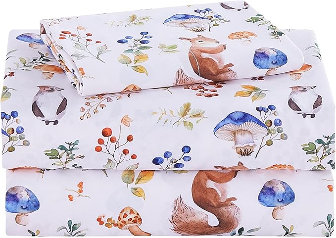 Kids Sheet Set Twin Size, Twin Sheet Set with Oil Squirrel Pattern，Breathable Silky Soft Microfiber Kids Fitted Sheet