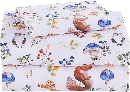 Kids Sheet Set Twin Size, Twin Sheet Set with Oil Squirrel Pattern，Breathable Silky Soft Microfiber Kids Fitted Sheet