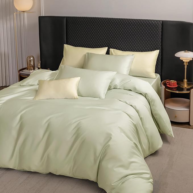MooMee Duvet Cover Set 100% Extra Long Staple Cotton 600 Thread Count Silky Sateen Smooth Luxury Soft Breathable Durable Hotel Quality Bedding, 3 Pieces (Mint Green, Queen 90"x90")