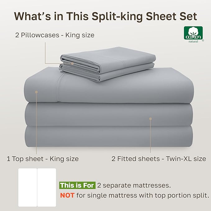 California Design Den Split King Sheet Set - 100% Cotton, 600 Thread Count, Breathable Luxury King Size Sheets for Adjustable Bed, Luxury Hotel-Quality Sheets with Soft Sateen Weave - Light Grey