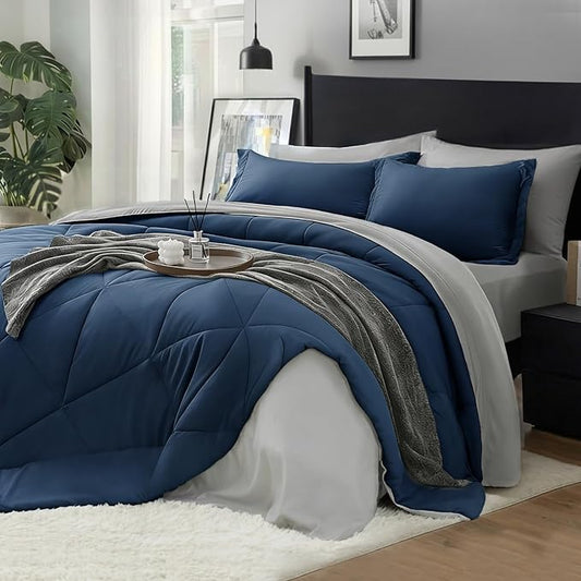 BEDELITE Full Comforter Set 7 Pieces Bed in A Bag - Soft Microfiber Reversible Calm Blue Bed Set with Comforters, Sheets, Pillowcases & Shams, Cozy Luxury Bedding Sets for All Season