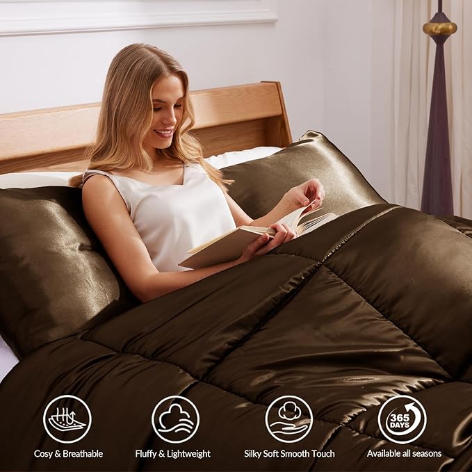 Whale Flotilla 2-Piece Reversible Silky Soft Twin Size Comforter Bedding Set, Luxurious Satin Comforters with Satin Pillowcase, Lightweight Duvet for All Seasons, Brown