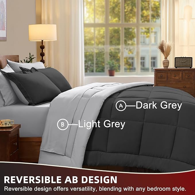 FUANNA Full Size Comforter Sets 7 Pieces, Reversible Bed in a Bag with All Season Soft Comforter, Bedding Sets Includes Comforter, Flat Sheet, Fitted Sheet, Pillowcases & Shams, Dark Grey & Light Grey