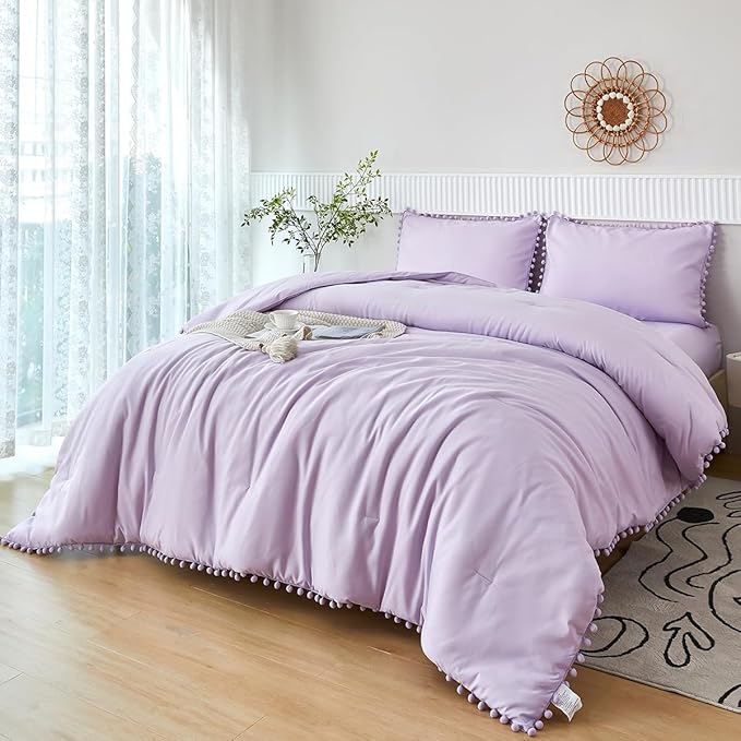 PERFEMET 5 Pcs Lavender Pom Pom Comforter Queen Size Boho Luxury Light Purple Bedding Sets for Girls Soft Cozy Solid Bed in A Bag for Women Adults(Lavender, Queen)